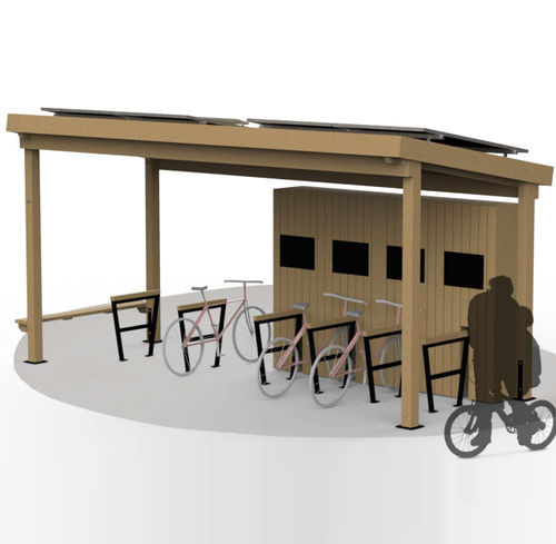 Pensilina per biciclette con pannelli solari - O’VÉLO SOL4 - Rondino - con panchina integrata / con rilevatore di presenza / con illuminazione LED