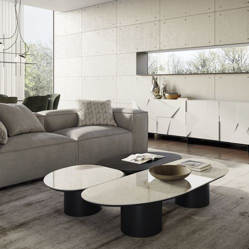 Tavolino basso contemporaneo - ATOLLO - Dall'Agnese - in gres porcellanato / con supporto in metallo / per uso residenziale