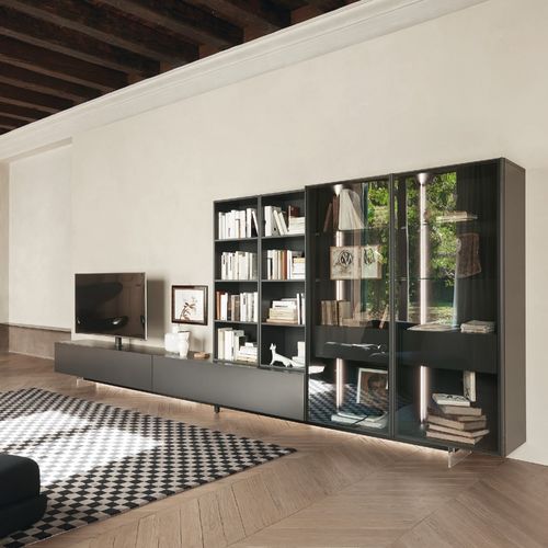 Parete attrezzata TV contemporaneo - LAMPO SCRIGNO L6C32 - SANGIACOMO - in vetro / in alluminio laccato / modulare