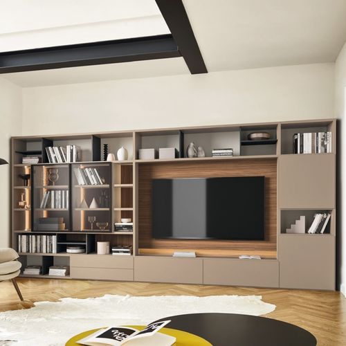 Parete attrezzata per soggiorno contemporanea - MODO M6C60 - SANGIACOMO - in vetro fumè / impiallacciata in legno / in noce