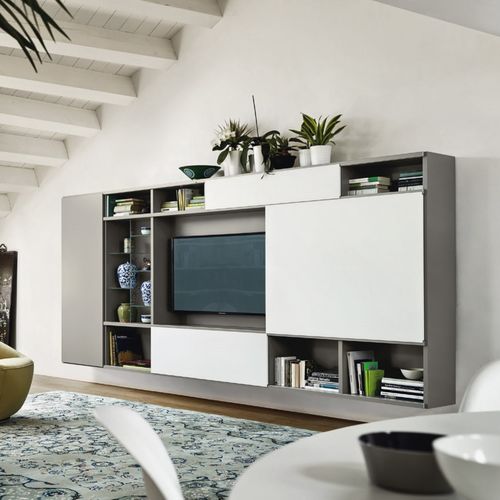 Parete attrezzata per soggiorno contemporanea - MODO M6C75 - SANGIACOMO - in vetro / in legno laccato opaco / per TV