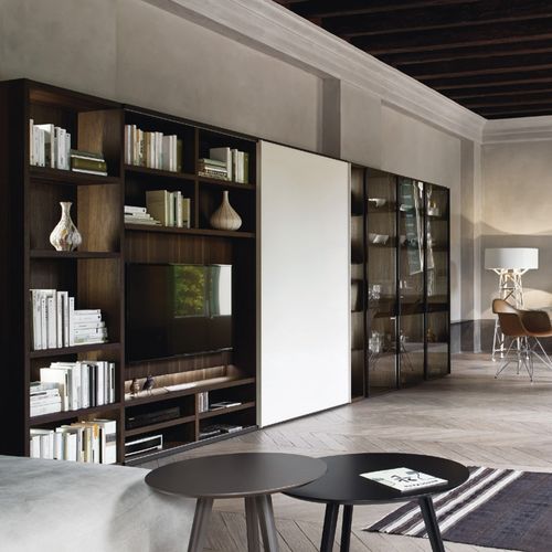 Parete attrezzata per soggiorno contemporanea - MODO M6C77 - SANGIACOMO - in vetro fumè / impiallacciata in legno / in rovere