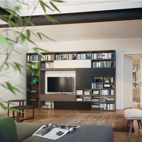 Parete attrezzata per soggiorno contemporanea - MODO M6C64 - SANGIACOMO - in vetro fumè / impiallacciata in legno / in rovere