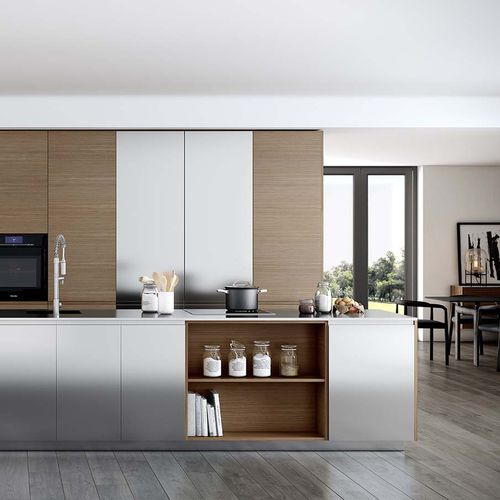 Cucina in stile industriale - MÉTRICA INOX - MOBALCO - impiallacciata in legno / in acciaio inossidabile / con isola