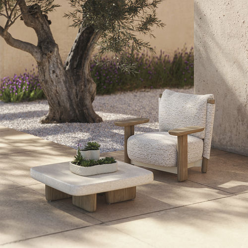 Tavolino basso contemporaneo - Milos - VONDOM - in cemento / con supporto in iroko / rettangolare