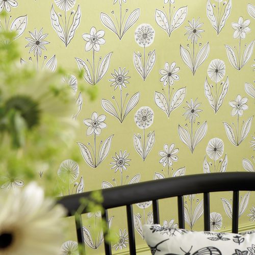 Carta da parati classica - FLORETTE - The Little Greene - con motivi floreali / aspetto carta da parati / gialla