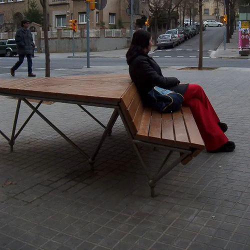 Panca per spazi pubblici contemporanea - MARAGALL - ESTEVA BARCELONA - in acciaio inossidabile / in legno / con schienale
