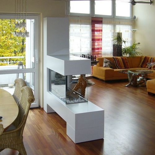 Camino elettrico - ASPECT L100 - Kamin-Design GmbH & Co KG Ingolstadt - a pavimento / a 3 facce / con focolare aperto
