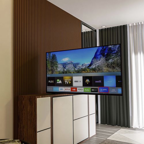 Supporto per TV da terra contemporaneo - ARCHIMEDE BANDIERA - Digisonic Srl - girevole / con sollevatore / con cablaggio nascosto