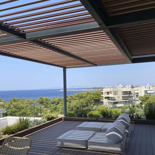 Pergola addossata - COSPIBIO - COSPICON  SA - in alluminio / a lamelle orientabili / a lamelle frangisole