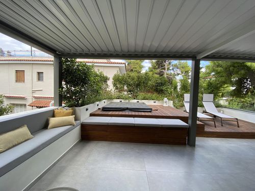 Pergola addossata - COSPIBIO - COSPICON  SA - in alluminio / a lamelle orientabili / a lamelle frangisole