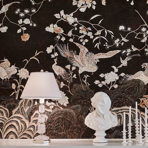 Carta da parati classica - COCO COROMANDEL - DE GOURNAY - con animali / motivi cinesi / aspetto tessuto