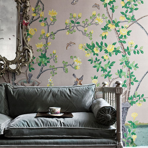 Carta da parati classica - JARDINIERES CITRUS TREES - DE GOURNAY - con motivi floreali / motivi cinesi / aspetto tessuto