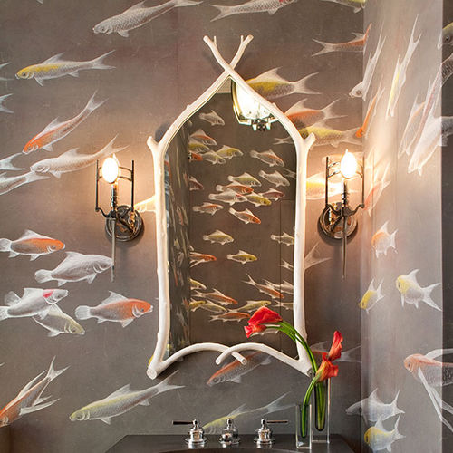 Carta da parati classica - FISHES - DE GOURNAY - con animali / aspetto tessuto / argentata