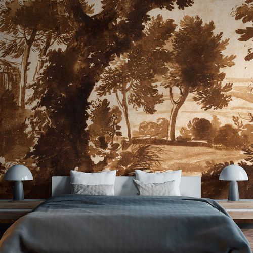 Carta da parati classica - PAYSAGE AVEC UN TEMPLE - LGD01 décor mural sur mesure - con motivi naturali / con motivi floreali / aspetto tessuto
