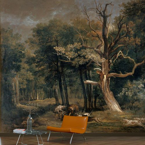 Carta da parati classica - CHASSE AU LOUP EN FORÊT - LGD01 décor mural sur mesure - con motivi naturali / aspetto tessuto / colore personalizzabile