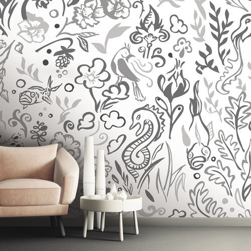 Carta da parati contemporanea - FOUILLIE-FEUILLUE FF1759 - LGD01 décor mural sur mesure - panoramica / grigia / bianca