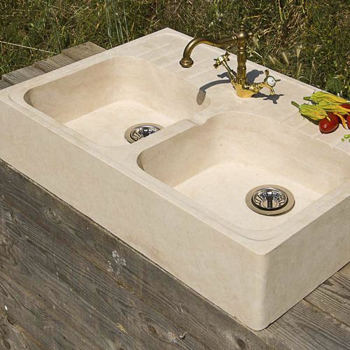 Lavello a 2 vasche - ACQUAIO DOPPIO - PIETRE DI RAPOLANO PDR SRL - senza gocciolatoio / in travertino / a semi incasso