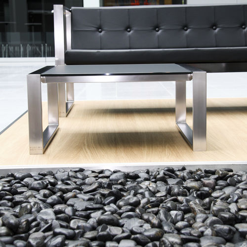 Tavolino basso contemporaneo - MESITA 45, 78 & 91 - FueraDentro - in vetro temprato / in teak / in acciaio con rivestimento a polvere