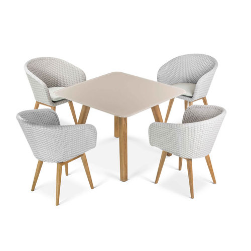 Tavolo da pranzo contemporaneo - SHELL 100 - FueraDentro - in vetro temprato / con supporto in teak / quadrato