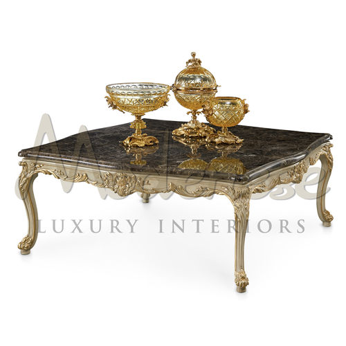 Tavolino basso in stile - 16629 - Modenese Luxury Interiors - in marmo / con supporto in legno dorato in foglia d’oro / quadrato