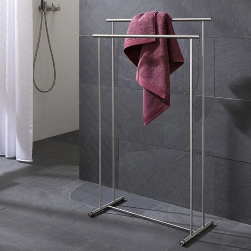 Porta Asciugamani Da Terra In Acciaio Cromato | 2 Bracci Moderni | Per Bagno Elegante | Base Stabile 45x21 Cm - Foto 2