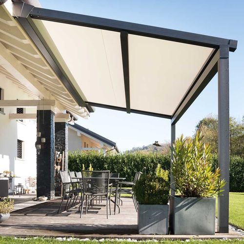 Pergola addossata - XTESA PLAIN - KE Outdoor Design - in alluminio / in vetro / con copertura in tela