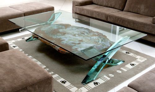 Tavolino basso contemporaneo - FOSSILE  - MIROITERIE PETITJEAN - in rovere / in legno massiccio / in vetro temprato