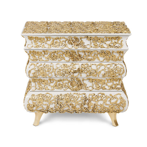 Comodino classico - CROCHET  - BOCA DO LOBO - in legno dorato a foglia oro / in ottone / con supporto in legno