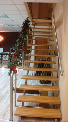 Scala dritta - pure inox - con gradini in legno / con struttura in acciaio inossidabile / per edificio ad uso pubblico