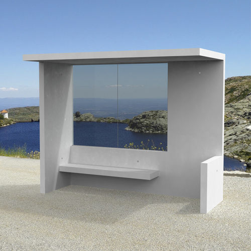 Pensilina per fermata d'autobus in calcestruzzo - UNIC - LARUS DESIGN - in vetro / in lamiera d'acciaio / con panchina