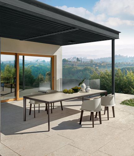 Tavolo da pranzo contemporaneo - CLEOSOFT - TALENTI - in gres porcellanato / con supporto in teak / rettangolare