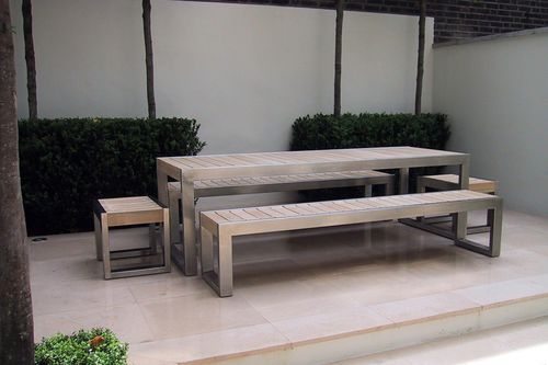 Tavolo da picnic contemporaneo - SKOP  - Factory Street Furniture - in legno / con supporto in acciaio inossidabile / rettangolare