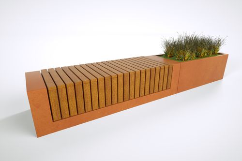 Panca per spazi pubblici contemporanea - RAKT STEEL - Factory Street Furniture - in legno / in corten / modulare