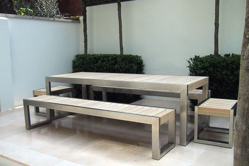 Panca per spazi pubblici contemporanea - SKOP - Factory Street Furniture - in legno / in acciaio inossidabile / con schienale