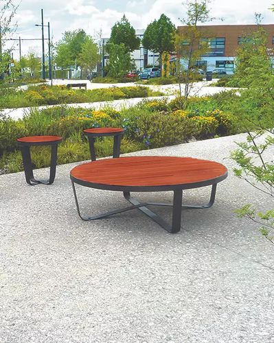 Tavolino basso contemporaneo - KARMA - Concept Urbain - in legno esotico / con supporto in lamiera di acciaio / rotondo