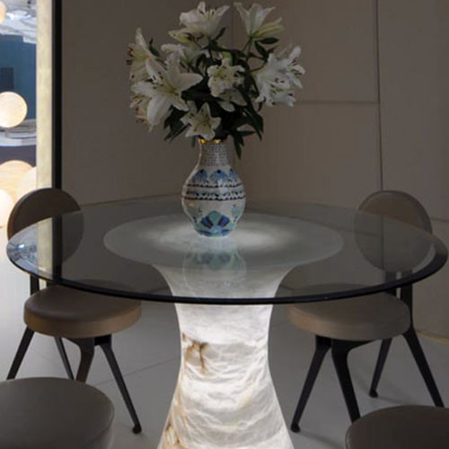 Tavolo da pranzo contemporaneo - OZARA - Atelier-alain-ellouz - in vetro / con supporto in alabastro / rotondo
