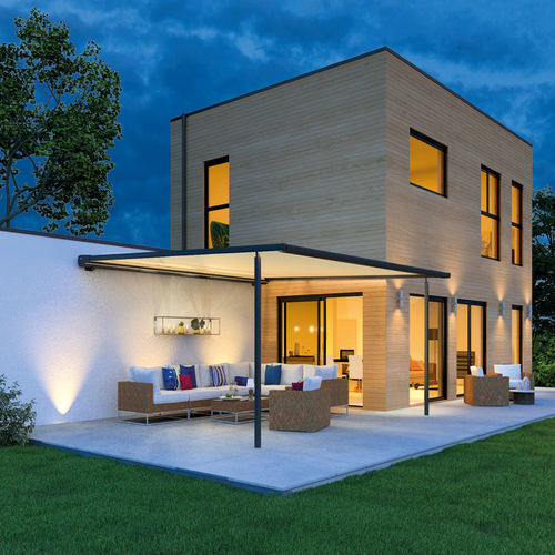 Pergola addossata - BIO PM - BIOSSUN - in alluminio / con copertura in tela / a motore