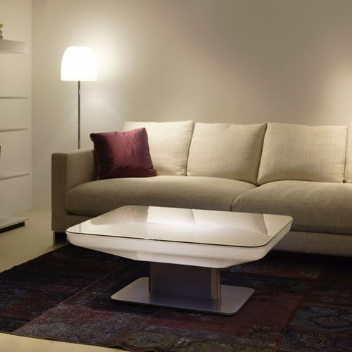 Tavolino basso contemporaneo - STUDIO  - MOREE - in vetro / con supporto in acciaio inossidabile / rettangolare