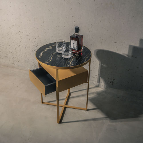 Tavolo d'appoggio contemporaneo - minimize round plus - YOMEI - in legno / in pietra naturale / con supporto in metallo verniciato