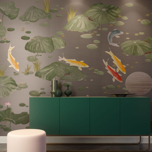Carta da parati contemporanea - CARP AND MOON - Fromental - in seta / motivi cinesi / fatta a mano