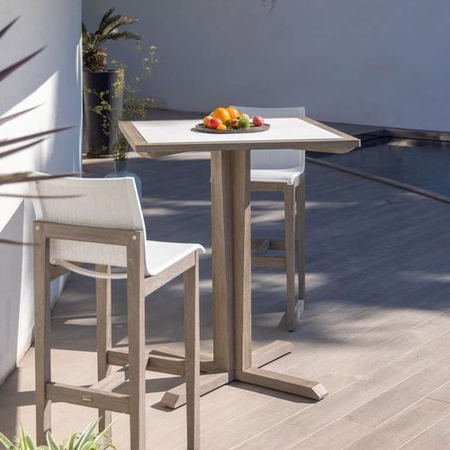 Tavolo alto contemporaneo - SKAAL - LES JARDINS - in ceramica / con supporto in teak / rettangolare