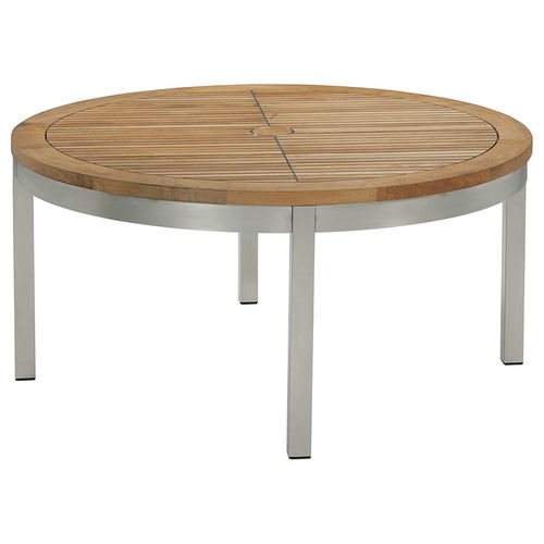 Tavolino basso contemporaneo - Equinox  - Barlow Tyrie - in teak / con supporto in acciaio inossidabile / rotondo