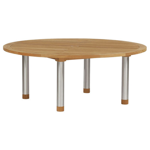 Tavolo da pranzo contemporaneo - Equinox  - Barlow Tyrie - in teak / con supporto in acciaio inossidabile / rotondo