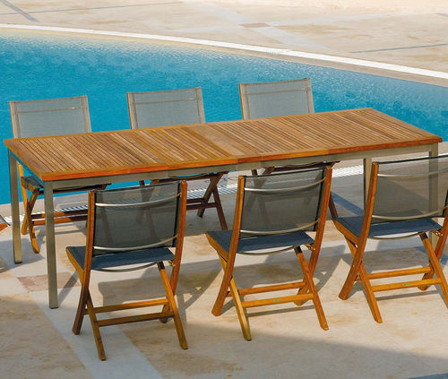 Tavolo da pranzo contemporaneo - Equinox  - Barlow Tyrie - in teak / con supporto in acciaio inossidabile / rettangolare