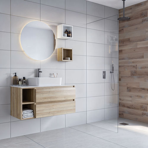 Mobile lavabo sospeso - Cubik 05 - LEGNOBAGNO - in rovere / in ceramica / contemporaneo