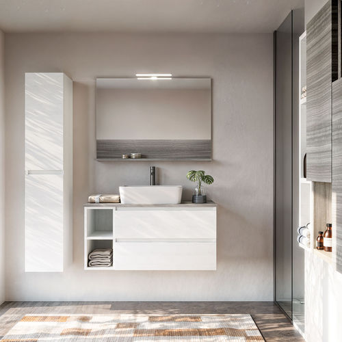 Mobile lavabo sospeso - Cubik 06 - LEGNOBAGNO - in eucalipto / in ceramica / contemporaneo