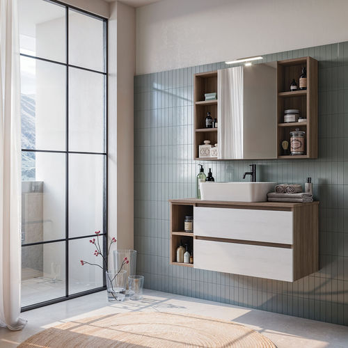 Mobile lavabo sospeso - Cubik 08 - LEGNOBAGNO - in olmo / in ceramica / contemporaneo