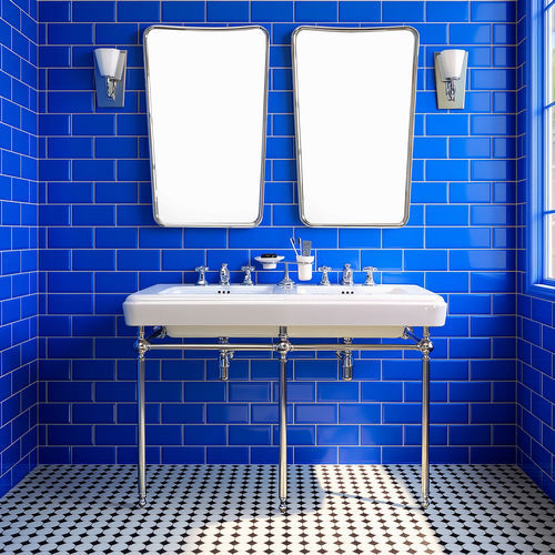 Lavabo consolle - So Fifties - BLEU PROVENCE - con piedi / in ceramica / con portasalviette integrato