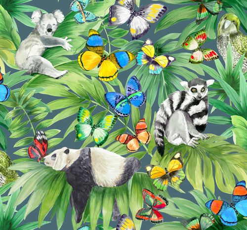 Carta da parati contemporanea - FORET ENCHANTEE    - Olivier Thévenon Selection - con motivi floreali / con animali / aspetto tessuto
